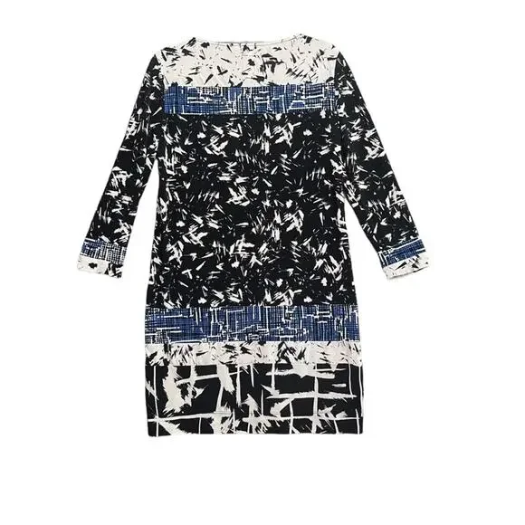 BCBG MaxAzria Womens Size Small White Black Blue Abstract Print 3/4 Sleeve Dress - Picture 3 of 6